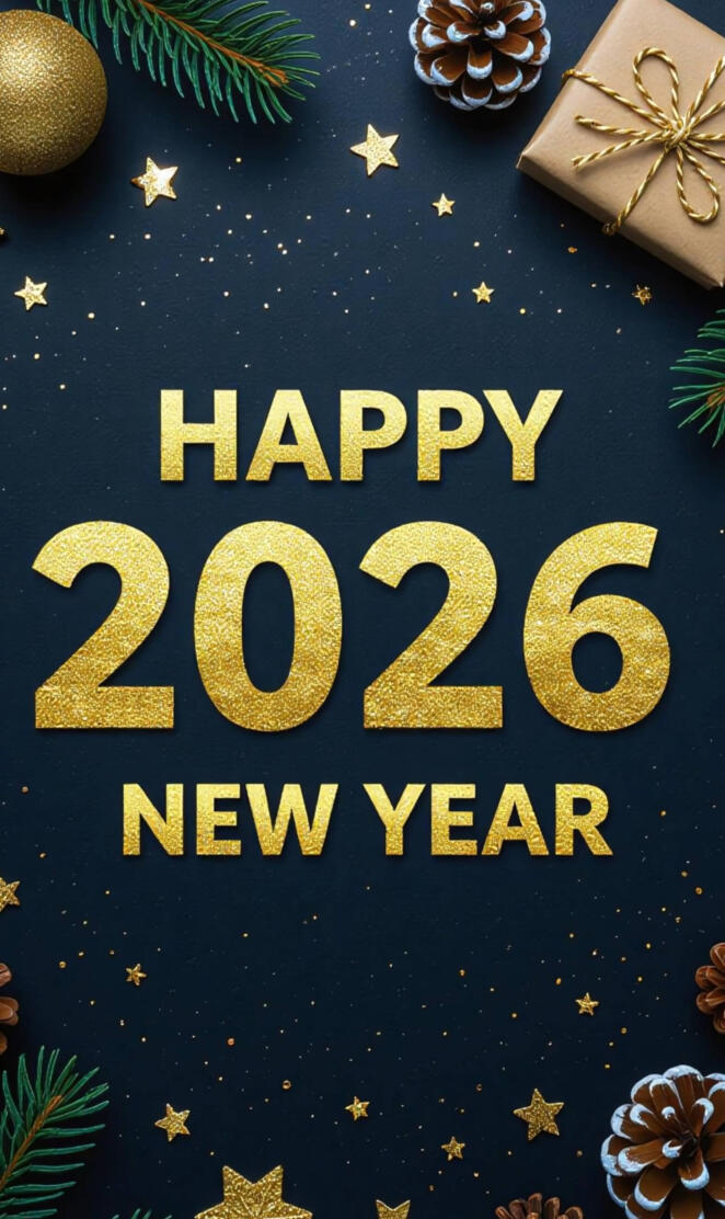 Elegant Gold Glitter 2026 New Year's Greeting with Pine Cones and Star